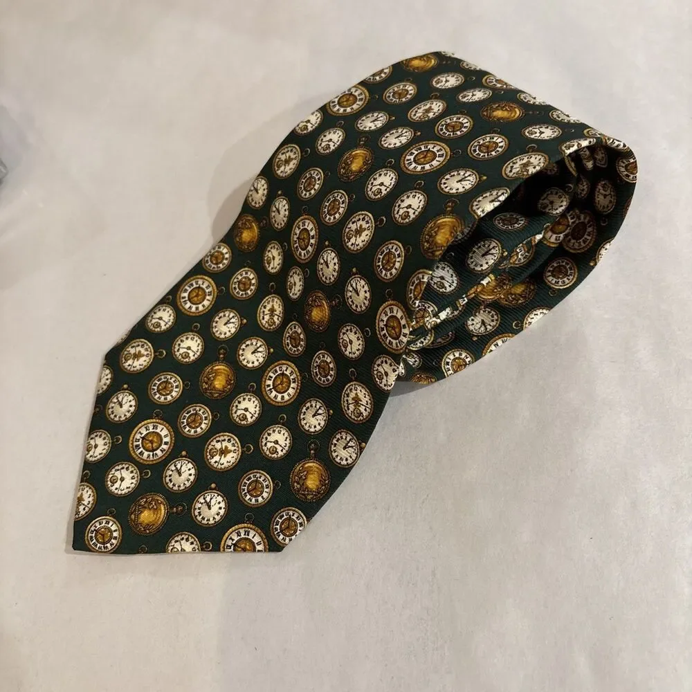 Banana Republic MEN'S TIE  Green With AOP Gold Pocket Watches, Silk, 4” X 58”